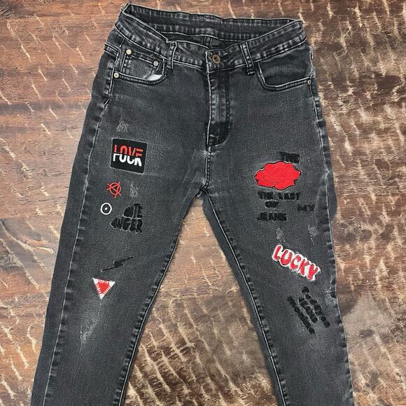 Black Patchwork Skinny Jeans Size 28 Distressed Punk Y2K Graphic Denim Pants - Picture 2 of 5